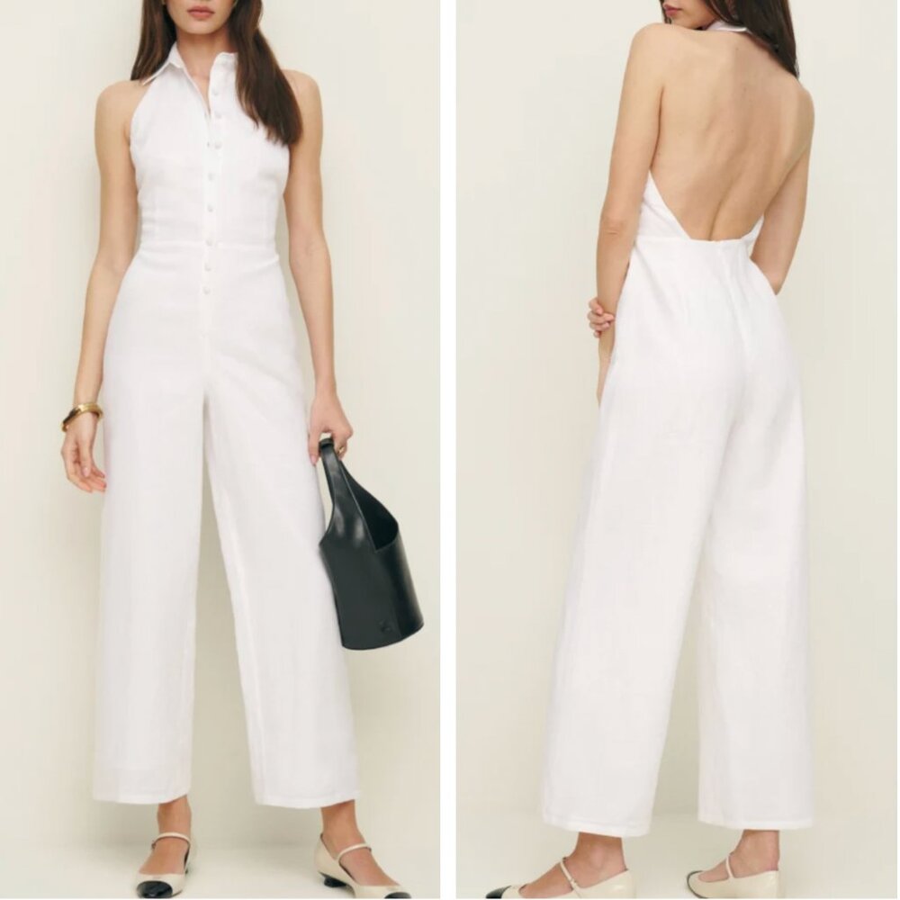 Reformation White Halter Backless Wide-Leg Jumpsuit